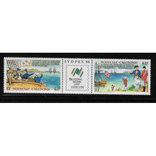 Nouvelle-Caledonie 1988 : Bicentenaire De La Rencontre À Botany, Bay De La Pérouse Et Du Commodore Phillip : Triptyque Neuf ** De 2 Timbres À 84 F. Avec Vignette Centrale