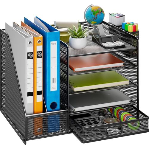 Organiseur De Bureau En Maille Avec Porte-Documents Vertical À 5 Niveaux,Tiroir Et 2 Porte-Stylos-Pour Fournitures De Bureau,Maison Ou École-Noir