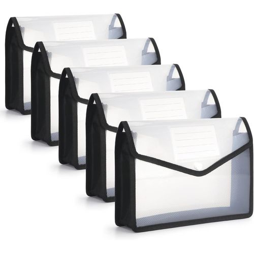 A5 Document Folders With Press Button Plastic Waterproof Document Holder With Map For Travel Office Document School A5 Transparent + Black (Pack Of 5)
