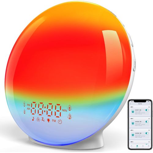 Letnerny-Réveil Lumineux Bluetooth App, Radio Eveil Matin Lumière Lampe De 20 Niveaux De Luminosité Simulateur D'aube Et Crépuscule 4 Réveils 7 Sons Naturels Fonction Snooze 11 Couleurs Veilleuse Enf