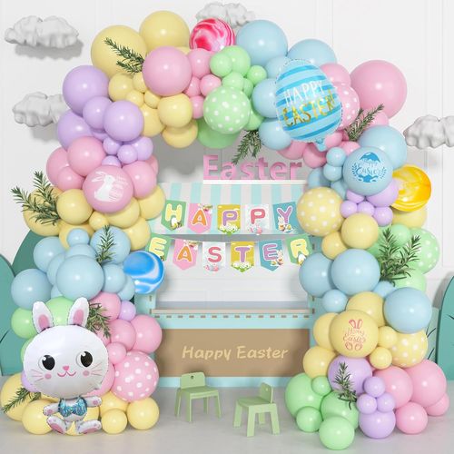 ERSHI-157Pièces Pâques Ballons Kit Arche Fête Décorations Lapin Aluminium Macaron Rouge Jaune Ballons HAPPY EASTER Bannière pour P[6