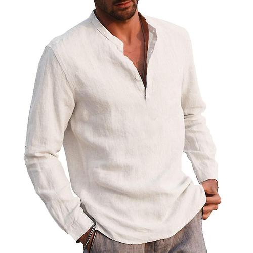 T-Shirt À Manches Longues Sans Col Pour Hommes, Chemise Grand-Père, Pull À Boutons, Hauts M Blanc