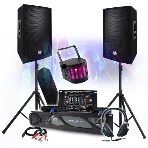 PACK SONO DJ 3400W Amplificateur 2000W, Paire d'Enceintes 2x700W, Table de Mixage, Pieds, Casque DJ, Câbles, Micro Eclairage LED
