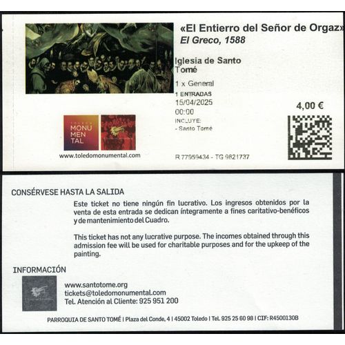 Espagne Ticket Entrée Iglesia De Santo Tomé Toledo El Entierro Del Señor De Orgaz