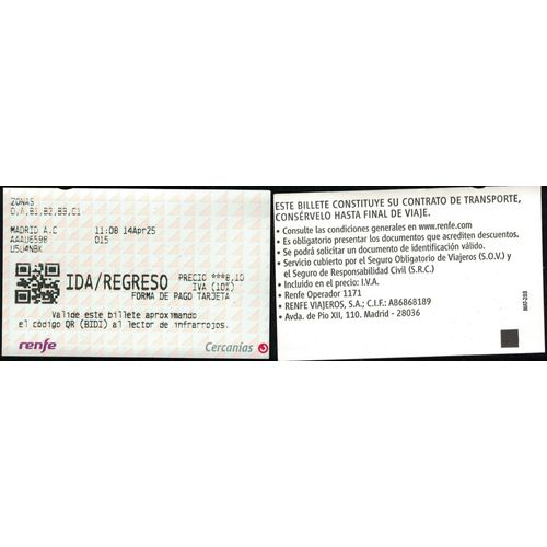 Espagne Ticket De Train Tren Madrid Renfe Ida Regreso