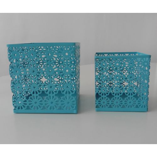 Lot De 2 Pots En Métal Fleuri Ajouré. Bleu. Décoration Maquillage Coton Crayon