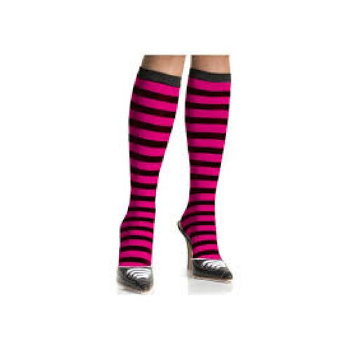 Chaussettes Hautes Zebrees - Noir Et Rose Fluo - Taille Tu