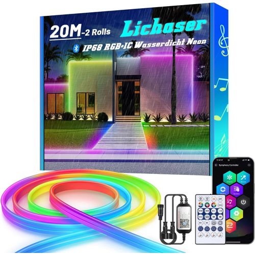 Baertmy-20m Rvb+Ic Ruban Led Neon Flexible, Ip68 Bluetooth Ruban Led Exterieur Etanche Avec Télécommande Et Smart App, 24v Diy Silikon Lampe Néon Pour Balcon, Pavillon, Fête, Jardin (10m*2)