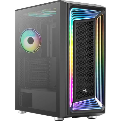 BAERTMY-Aerocool Interstellar, Boîtier Semi-Tour ATX RGB, 3 Ventilateurs PWM 120mm ARGB + 2 Ventilateurs 120mm, Fenêtre en Verre Trempé, Noir
