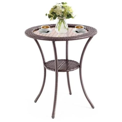 Costway Table Basse Jardin En Rotin Pe, Verre Trempé, Cadre En Fer Anti-Rouille, Espace De Rangemen Pour, Balcon, Terrasse