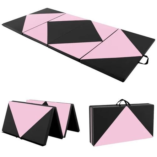 Costway Tapis De Gymnastique Pliable 240 X 117 X 5 Cm 4 Plis Housse Amovible En Cuir Pu Avec Attaches Auto-Agrippantes Rose