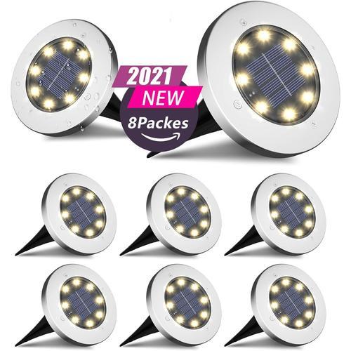 Lampe Solaire Au Sol, Lampe Solaire Pour Jardin, 8 Led, Lampe Solaire Extérieure, Étanche, Lampe Solaire De Jardin, Acier Inoxydable, Plastique, Lampe Solaire Pour L'extérieur, Blanc Chaud, 8 Pièces