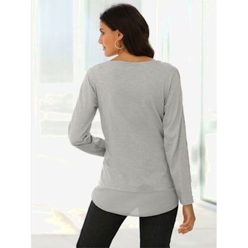 T-Shirt Femme En Coton Col Tunisien Manches Longues Imprimé - - Gris Imprimé