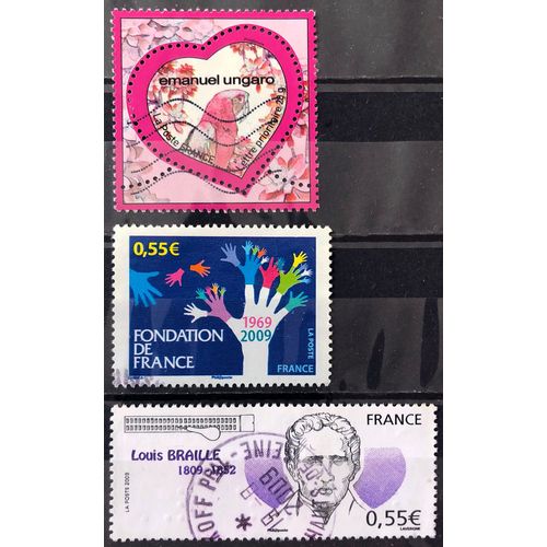 Louis Braille 0,55 Euros (N° 4324) + Coeur 2009 Emmanuel Ungaro - Perroquet Et Fleurs Roses (N° 4327) + Fondation De France 0,55 Euros (N° 4335) Obl - France Année 2009 - Brn83 - N33708