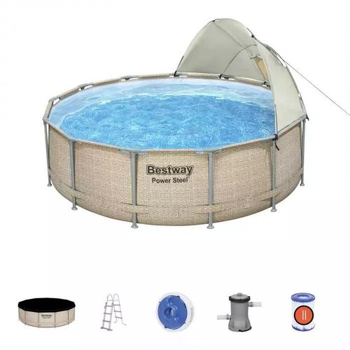 Piscine Bestway tubulaire Power Steel Frame complète avec pompe de filtration : 396 x 107 cm, aspect rotin (écru), ronde