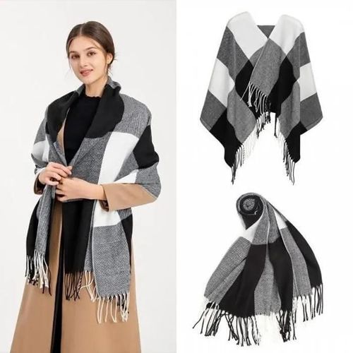 Écharpe Femme Carreaux Foulard Châle Douce D\'hiver Femme Chaude Longue Écharpe Motif À Carreuaux Vintage Multicolore Noir
