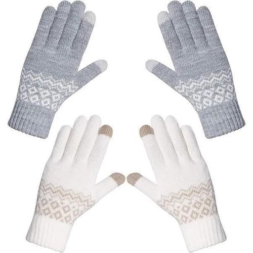 Gris, Blanc - Gants D\'hiver - Femme - Tricotés - Écran Tactile - Doublure Thermique - 2 Paires