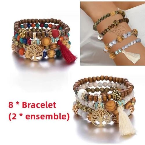 Rouge, Beige - Bracelet - Arbre De Vie - Femme - Élastique - Perles En Bois - Rouge Et Beige