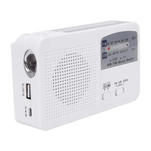 Blanc - Radio Solaire Portable - Rui - Manivelle - Am/Fm - Éclairage Led - Chargeur De Téléphone