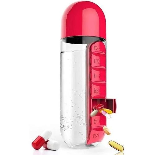 Boîte À Pilules Portable,Bouteille D\'eau Portable 2 En 1 Avec Pilulier 7 Jours Pour Les Voyages Et Les Médicaments 600 Ml¿Rouge¿