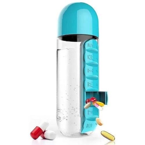 Boîte À Pilules Portable,Bouteille D\'eau Portable 2 En 1 Avec Pilulier 7 Jours Pour Les Voyages Et Les Médicaments 600 Ml¿Bleu¿