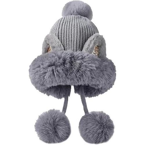 Gris - Bonnet Péruvien Femme Hiver Avec Pompon Fourrure Chaud Gris - Chapeau Tricoté Ski Duveteux Oreillette