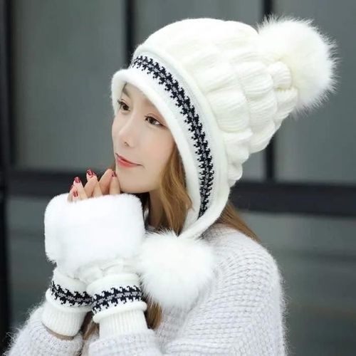 Blanc Laiteux - Ensemble Bonnet Écharpe Gants - Femme - Hiver - Polaire - Blanc - Doublé Chaud