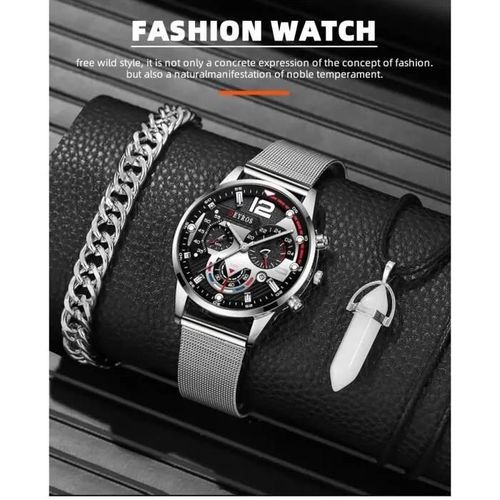 Argent - Montre Homme Luxe - Marque - Sport Date Métal Argent - Collier Et Bracelet Gourmette