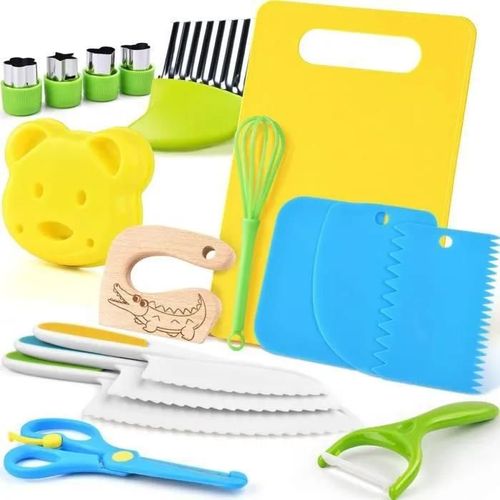 Jouet Cuisine Set - MARSEE - 17 Pièces - Couteaux Sécurisés - Ustensiles en Bois - Pour Enfants 3 Ans et Plus