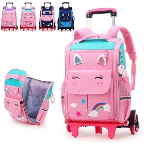 Cartable Fille à Roulette,Sac Scolaire Roulette Monter des Escaliers Garcon Sac école Cartable pour Quotidien 1-6 Ans rose