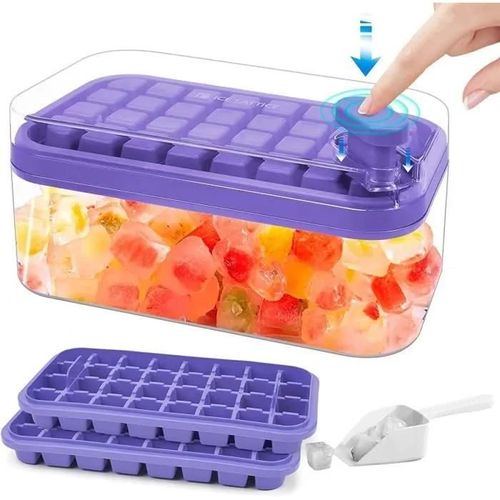 Moule À Glaçons, Bacs À Glaçons En Silicone Avec Couvercle, Double Couche 64 Glaçons, Carrés Faciles À Retirer (Violet)