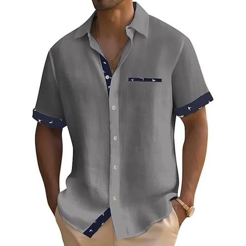 Gris - Chemise Homme À Carreaux Manche Courte Coton Lin Avec Poche Poitrine Chemise Décontractée Classique Chemisette Homme Lin Chemise