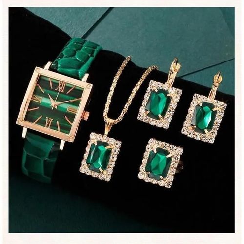 Vert - Ensemble 5 Pcs Montre Carré Luxe Femme Cuir Élégante Verte Et Magnifique Parure Assortie Collier Boucles Oreilles Bague Cadeau