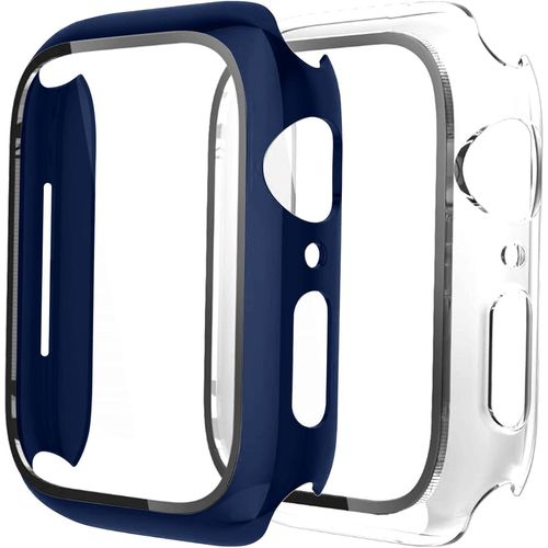 Pack Of 2 Ultra Slim Tempered Glass Screen Protectors For Apple Watch 45 Mm With Shock-Absorption Case Cover For Apple Watch Series 8/7,Midnight Blue/Transparent,45 Mm