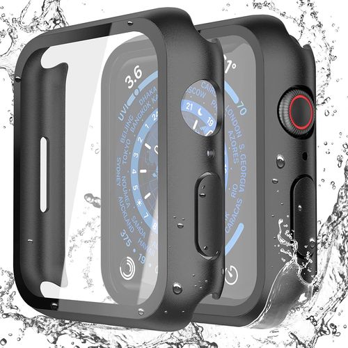 2 Pack Black Waterproof Case With Tempered Glass Screen Protector For Apple Watch Series 8 Series 7 41mm,Ultra Thin Shockproof Hard Protective Case For Iwatch