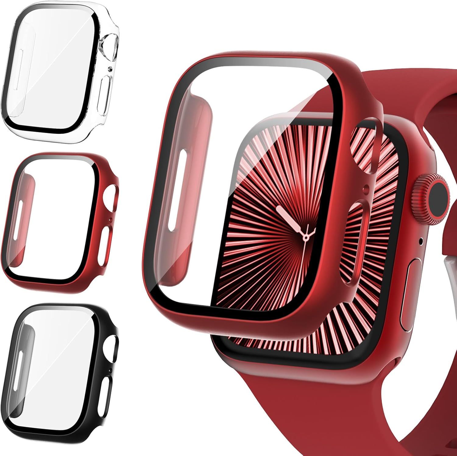 3 Pack 42mm Screen Protector Compatible With Apple Watch Series 10 With 9h Tempered Glass,Shockproof Overall Protective Case For Iwatch 42mm (Black/Red/Clear)