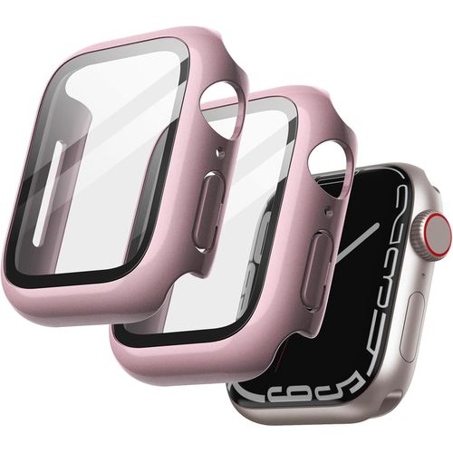 Case With Screen Protector For Apple Watch Series 9 8 7 41mm,Full Protection Case,Built-In High Sensitivity Tempered Glass Film,Pack Of 2 (Shiny Pink)