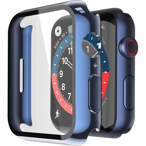 2 Pack Hard Case With Tempered Glass Screen Protector For Apple Watch Series 8 Series 7 45mm,Ultra Thin Full Body Protective Case For Iwatch 1 Blue + 1 Clear