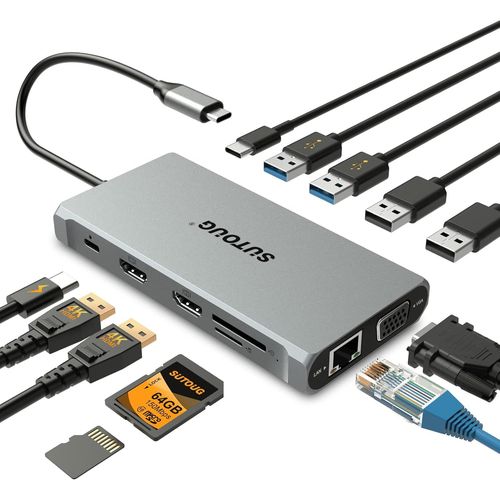 Hub USB C,Station d'accueil ,Adaptateur USB C 12 en 1 avec Double HDMI 4K VGA 1080P 1000Mbps Ethernet PD 3.0 100W USB-C 3.0 Station d'accueil pour Ordinateur Portable MacBook et Windows USB-C.[W374]