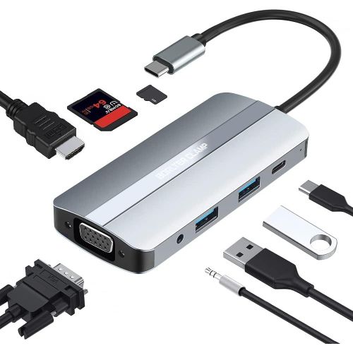 Hub USB C,Adaptateur USB C Multiport 8 en 1 avec HDMI 4K et VGA,2 Ports USB,Port PD 100W,Lecteur de Carte SD et microSD,Port Audio 3,5mm pour MacBook Pro,xPS,et Plus.[W1016]