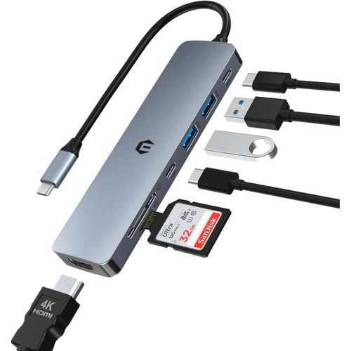 Hub USB C 4K HDMI,7 en 1 Adaptateur USB C avec USB-C 3.0,2 USB 3.0 Ports,100W PD,4K HDMI,Lecteur Carte SD/TF Compatible avec Thunderbolt 3,MacBook,Windows et Autres Appareils Type C.[W814]