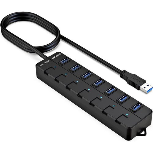 Hub USB,7 Ports USB 3.0 Hub avec des commutateurs et des voyants LED d'alimentation individuels Câble Long de 1,2 m pour Apple MacBook Air/Pro/iMac/MacPro/Ordinateurs et Ultrabooks Windows.[W628]