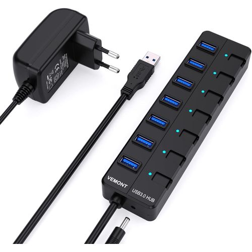 Hub USB,7 Ports USB 3.0 Hub avec des commutateurs individuels LED avec Adaptateur d'alimentation Câble Long de 1,2 m pour Apple MacBook Air/Pro/iMac/MacPro/Ordinateurs et Ultrabooks Windows.[W627]