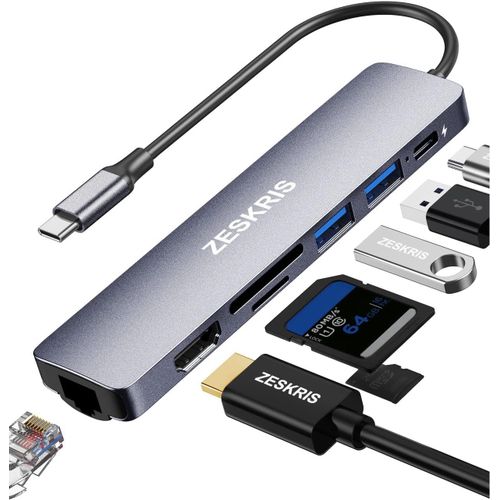 Hub USB C, 7 en 1 Adaptateur USB C vers USB avec Ethernet,Alimentation PD 100 W,Type C vers HDMI 4K,2 Ports USB 3.0,Lecteur de Carte TF/SD,Adaptateur multiport USB-C pour MacBook HP Dell.[W451]