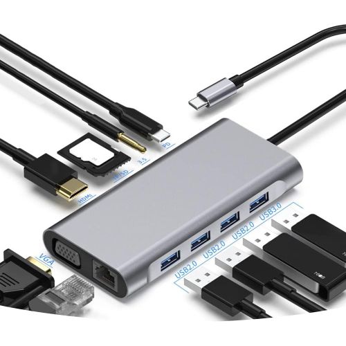 Hub USB C,Adaptateur USB C Multiport 11 en 1 avec HDMI 4K et VGA,Port Ethernet,4 Ports USB,Port PD 100W,Lecteur de Carte SD et microSD,Audio 3,5mm pour MacBook Pro,xPS,et Plus.[W867]