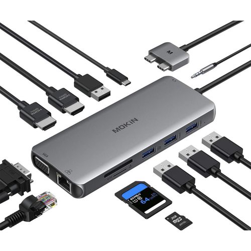 Station d'accueil MacBook Pro Adaptateur HDMI MacBook Pro Adaptateur USB C 12-en-1 pour MacBook Pro Air Station d'accueil MacHDMI Dongle DualUSBC to Dual HDMI VGA Ethernet AUx 4USB SD TF100W .[W1086]