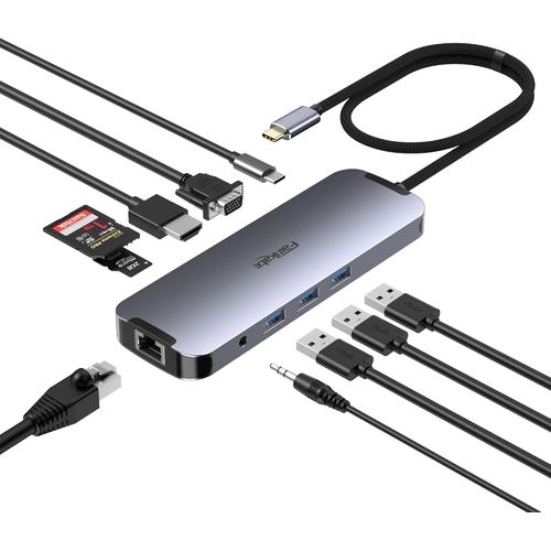 Station d'accueil USB C double écran 10 en 1,adaptateur USB-C vers HDMI VGA avec 1 Gbit/s Ethernet 100 W de charge,hub USB C vers USB,audio 3,5,lecteur de cartes compatible pour ordinateurs.[W676]