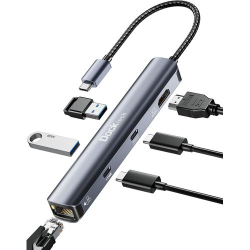 Hub USB C Dockteck 6 en 1 Dock,Adaptateur USB C Ethernet RJ45,4K 60Hz HDMI,100W PD,Données USB C,(2 USB C),2 USB-3.0 pour MacBook Pro/Air 2021,iPad Pro/Air 5/ Mini 6,Surface Pro 8.[W104]