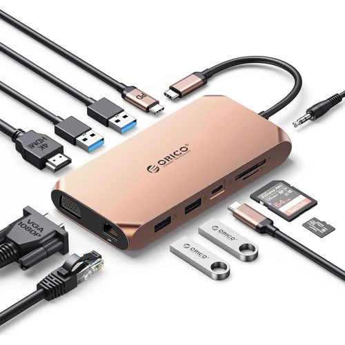 Station d'accueil USB C,12 en 1 Hub USB C,Adaptateur USB C avec HDMI 4K,100W PD,RJ45,4 Ports USB 3.0,Lecteur de Carte SD et microSD,1080P VGA (Or Rose,sans RVB).[W544]