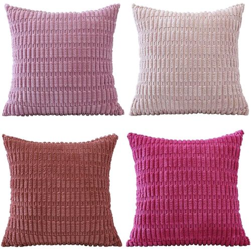 Lot De 4 Housses De Coussin Décoratives Carrées En Velours Côtelé Doux À Rayures Pour Canapé,Salon,Terrasse,Ferme,Décoration D'intérieur,40 X 40 Cm,Rose Vif Violet